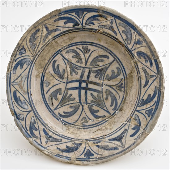 Faience plate from Italy, with blue brushstrokes decor, bottom of the bows, plate crockery holder soil find ceramic earthenware