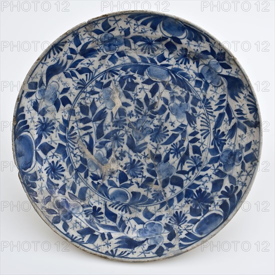 Faience plate, with blue full decor of floral and leaf motif, foglie decor, plate crockery holder soil find ceramic pottery