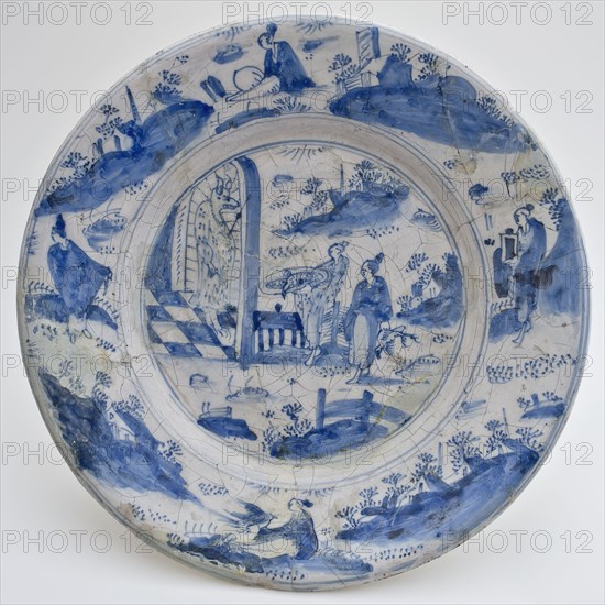 Faience plate with blue decor, Chinese figures in the mirror and on the edge, dish crockery holder soil find ceramic earthenware