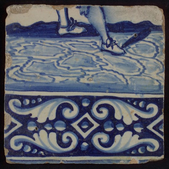 Tile of tableau with in blue feet and decorated border, tile picture footage fragment ceramics pottery glaze, baked 2x glazed