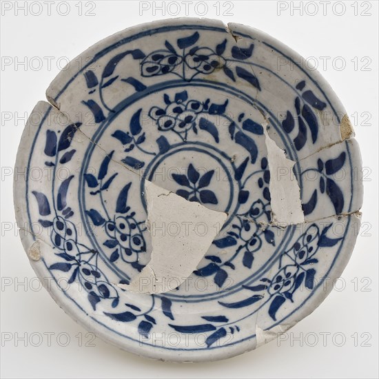 Small faience dish on stand with blue floral decor inside circles, dish plate tableware holder soil find ceramic earthenware