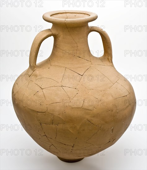 Tall jar, amphora with spherical body on small standing surface, two long, wide ears, amphora jug holder found bottom ceramics