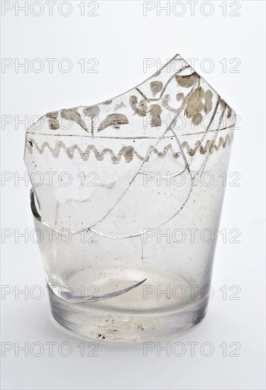Fragment of conical beaker decorated with wheel engraving, pontilmark, beaker tumbler drinking glass drinking utensils tableware