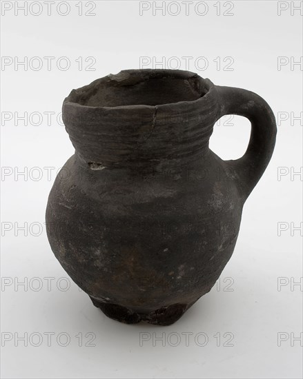 Unglazed jug with ear, rings on straight neck, convex belly on pinched foot, jug crockery holder soil find ceramic pottery, hand