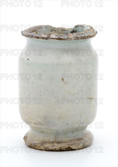 Pottery ointment jar, cylindrical with two notches, on base, glazed white, ointment jar pot holder soil find ceramic earthenware