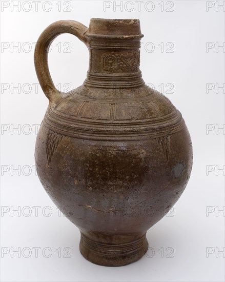 Large stoneware bullet, big ear, brown glazed, decorated with floral motifs, medallions, Bullet pewter jug crockery holder soil