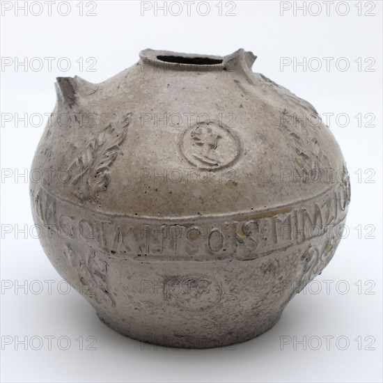 Gray Bartmann jug, also called Bellarmine jug, round middle belly text band, portrait medallions and acanthus leaves, beardmug