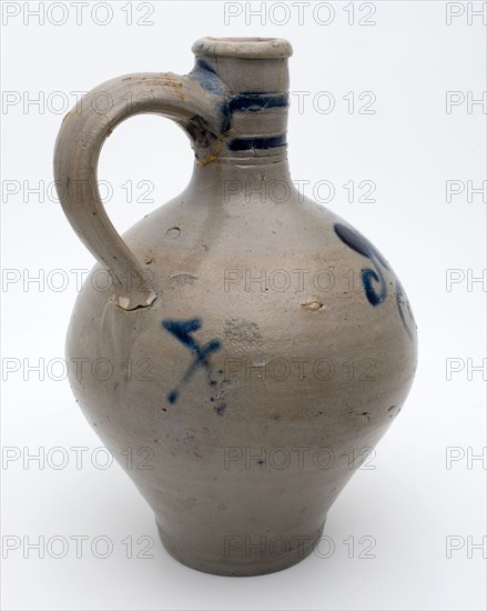 Cologne jar with ear, belly with floral decoration, two blue bands around the neck, jug crockery holder soil find ceramic