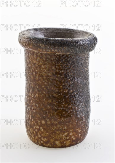 Stoneware ointment jar, cylindrical model, gray and brown speckled glazed, ointment jar pot holder soil find ceramic stoneware