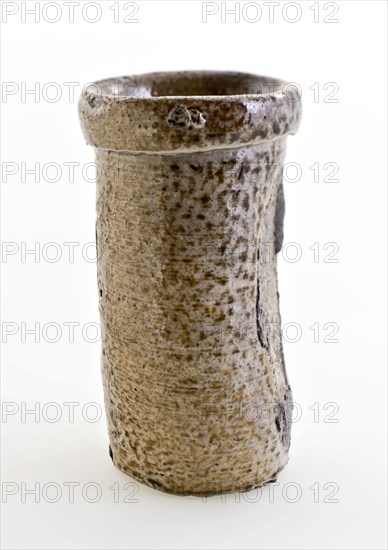 Stoneware ointment jar, cylindrical model, gray and brown mottled glazed, ointment jar holder soil find ceramic stoneware glaze