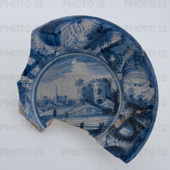 Faience plate on wide stand ring, with landscape in mirror and rim, Chinese decor on the bottom, plate dish crockery holder