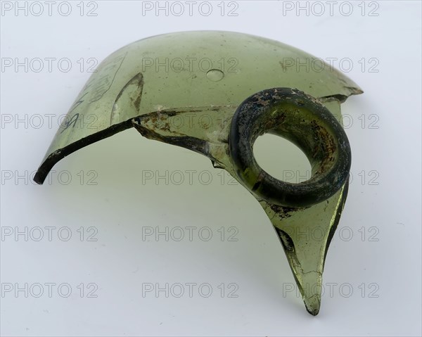 Two fragments of green square bottle, piece of shoulder with neck opening, bottom, bottle holder soil find glass bottom, free