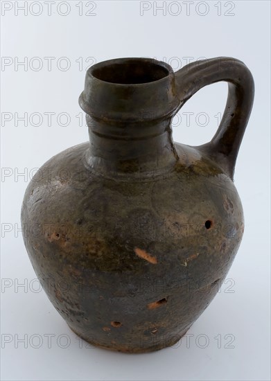 Pottery jug on small stand, standing ear, ringed neck, jug holder tableware earthenware pottery earthenware glaze salt glaze