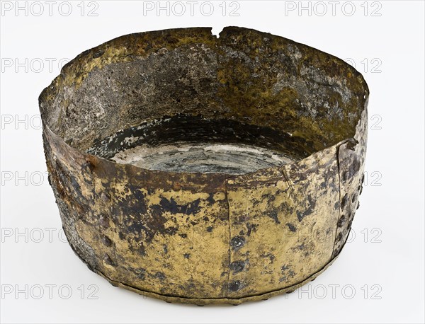 Aker or copper thin-walled pot, pot holder soil found brass copper metal, hammered riveted Aker or copper thin walled pot