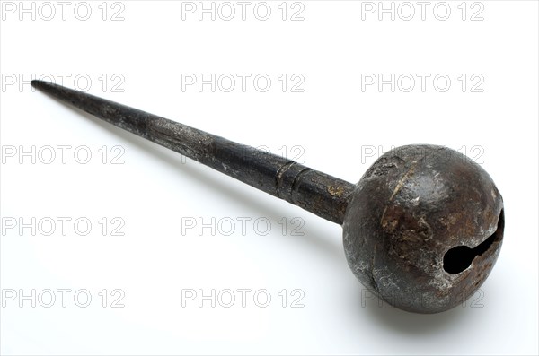 Rattle or bell of harness at pin, fastening, bell ornament batter soil find iron copper metal, forged soldered Pen with bubble