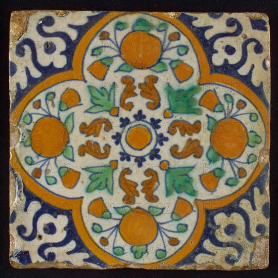 Ornament tile, orange and marigolds, four-sided frame, corner motif, wall tile tile sculpture ceramic earthenware glaze, baked