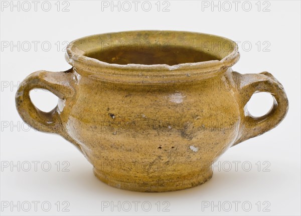 Yellow glazed pot with two ears, on stand, pot holder soil find ceramic earthenware glaze lead glaze, hand-turned glazed baked