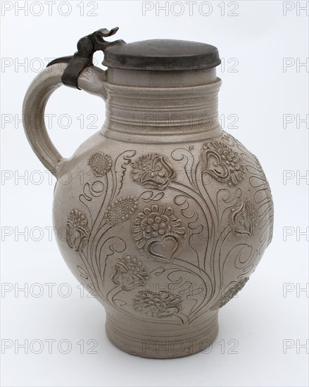 Stoneware bullet tomb with pewter lid, appliqué and sgraffito, portrait medallion, gray glazed, bullet belly jug crockery holder