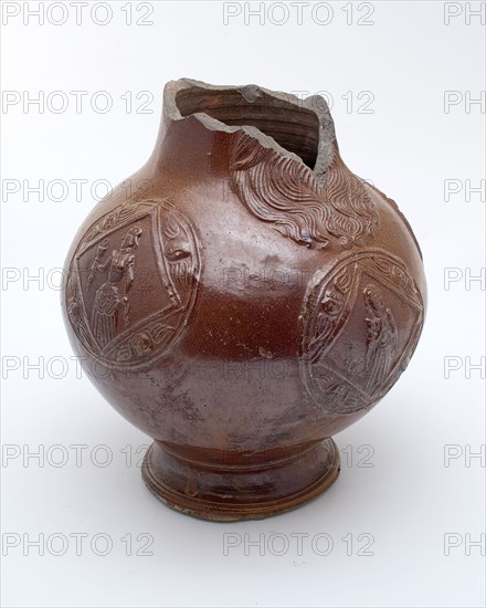 Bartmann jug, also called Bellarmine jug with three medallions with woman figure in rhomb, along which cherubs, Bartmann jug