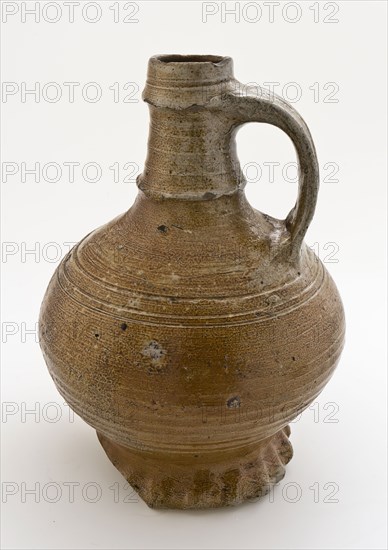 Light brown stoneware jug on pinched foot, pronounced ring around neck and under lip, jug crockery holder soil find ceramic