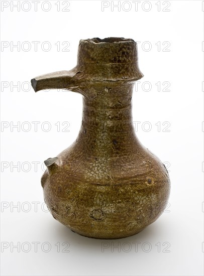 Small stoneware jug with ear, low belly and long neck, stand surface, jug crockery holder soil find ceramic stoneware clay