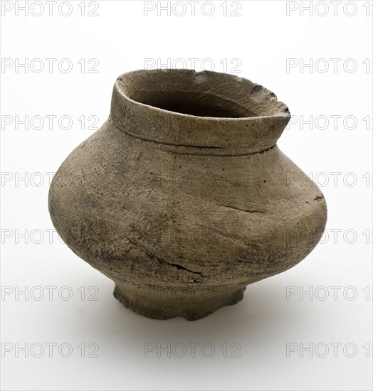 Gray pot with sagging at belly and neck, ball pot on stand ring, pot cup crockery holder soil find ceramic stoneware, hand