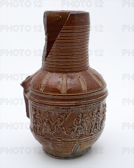 Stoneware, peasant wicker, border text above decorated frieze, ribbed neck, dated, farmer's pitcher crockery holder soil find