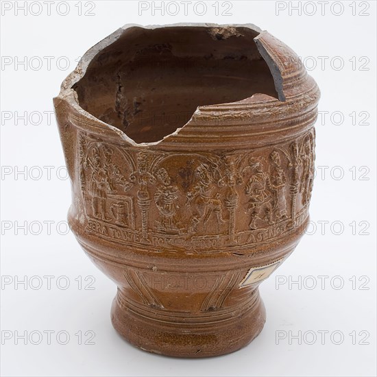 Fragment of stoneware peasant dung with writing and dancers under arcades, farmer's pitcher jug crockery holder fragment soil