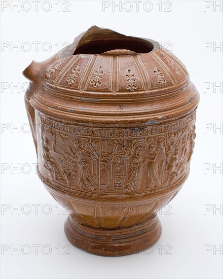 Brown stoneware jug, round belly frieze with biblical scenes, the Christmas story, jug crockery holder soil find ceramic