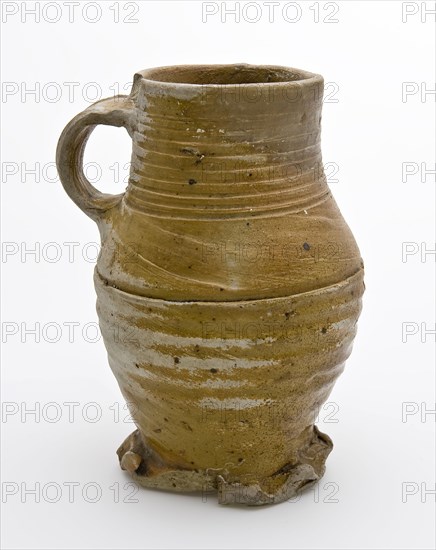 Stoneware pot jug, with rings around neck, ear, on pinched foot, pot jug crockery holder soil find ceramic stoneware, hand