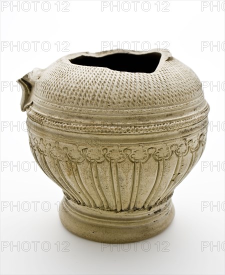 Gray stoneware jug be used with round middle belly cable edge, kerfsnedecor and flutes, jug crockery holder soil found ceramic