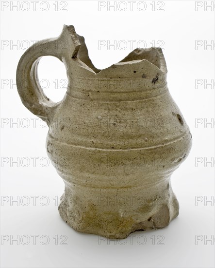 Stoneware jug with ear, pinched foot, glazed, double conical belly, drinking jug be tableware holder soil find ceramic stoneware