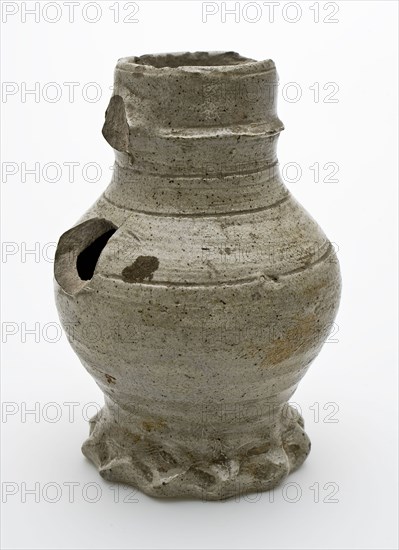 Gray stoneware jug with pinched foot, three deep lines on belly and shoulder, jug crockery holder soil find ceramic stoneware