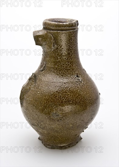 Small stoneware jug with deep lying line under neck edge, bullet-shaped belly, jug holder soil find ceramic stoneware clay