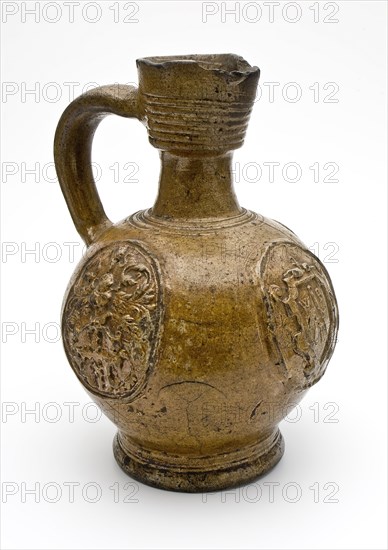 Stoneware jug be decorated with cartouches, slender neck and broadened neck edge, dated, jug crockery holder soil find ceramic