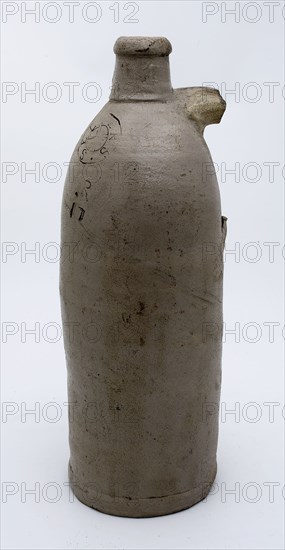Stoneware mineral water bottle on stand surface, cylindrical model, gray and marked, mineral pitcher pitcher pitcher product