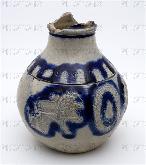 Stoneware bullet tomb with medallion flanked by lions with rim text, dated, Bullet pewter jug crockery holder soil find ceramic