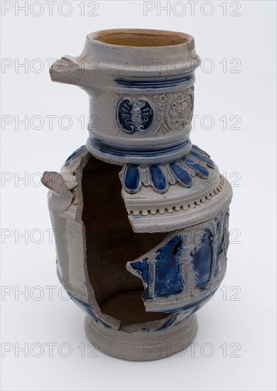 Baldem Mennicken, Stoneware jug, belly with arcade including the muses, cylindrical neck with appliqués, signed, jug crockery