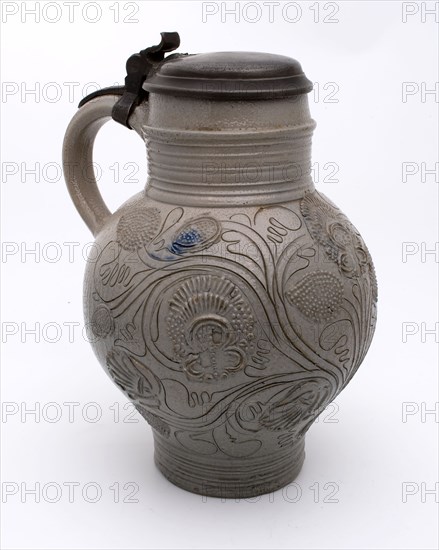Stoneware bell jar with lid, engraved and stamped full of floral decor, gray glazed, Bullet pewter jug crockery holder soil find