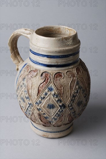 Stoneware jug with ribbon ear, round ball shape, belly blue and purple stamp decor and appliqués, Bullet pewter jug crockery