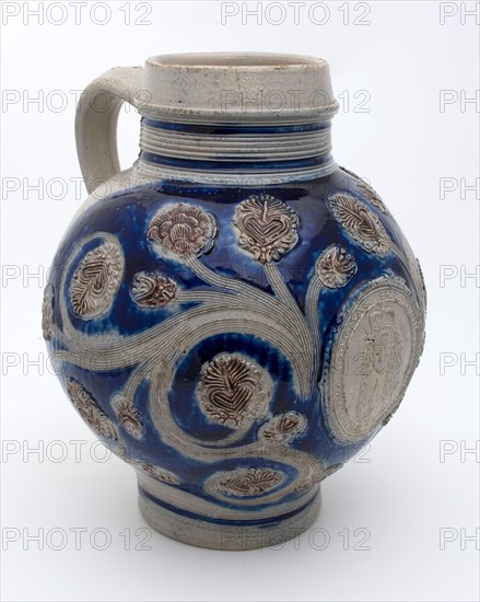 Large stoneware bullet belly with portrait medallion, sgraffito and appliqués, Bullet pewter jug crockery holder soil find