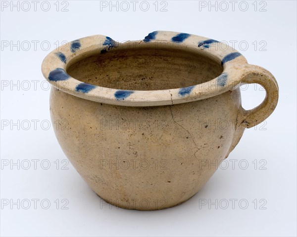 Stoneware ease of use or chamber pot with upright ear, on edge blue stripe decor, pot holder sanitary soil find ceramic