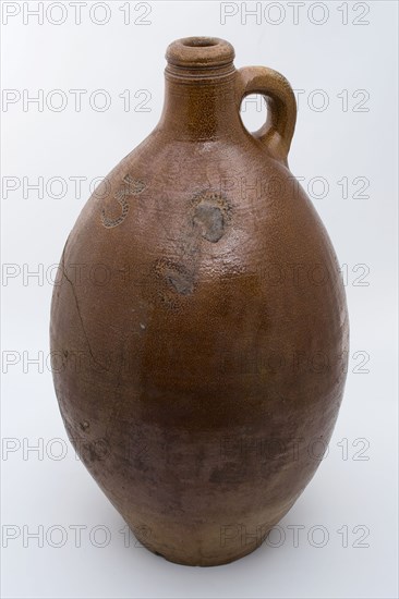Stoneware jug with sausage ear, brown glazed, marked on the shoulder 3, jug holder kitchen utensils earthenware ceramic