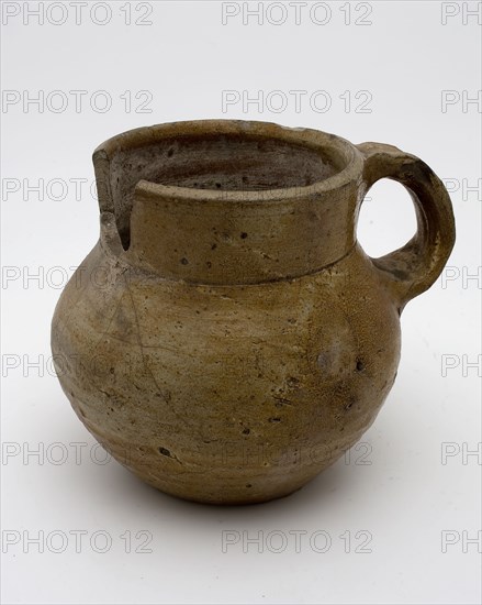 Stoneware chamber pot, ease of use on stand with cylindrical neck, wide band ear, pot holder sanitary soil found ceramic