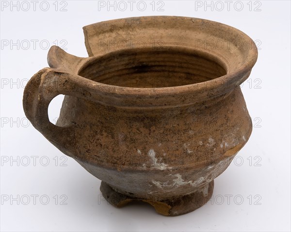 Pottery flower pot or fruit test on stand, with standing ear, hole in bottom, flower pot holder soil find ceramic pottery, hand