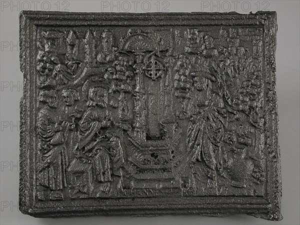 Fireback with biblical representation Jesus with Samaritan woman at the well, hob plate cast iron, cast Rectangular horizontal