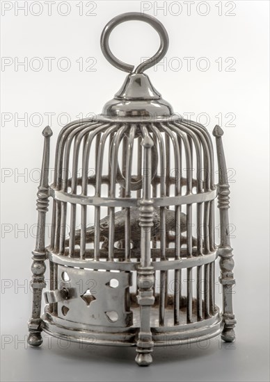 Silversmith: Arnoldus van Geffen, Silver miniature bird cage with bird, birdcage holder dolls toys recreation miniature model