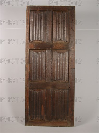 Room door with letter panels, door building part oak wood, sawn planed chiselled Gothic room door with six letter panels