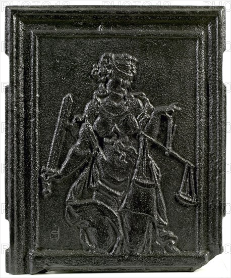 Fireback with Lady Justice, hob plate cast iron, cast Rectangular hob with depiction of Lady Justice holding the scale