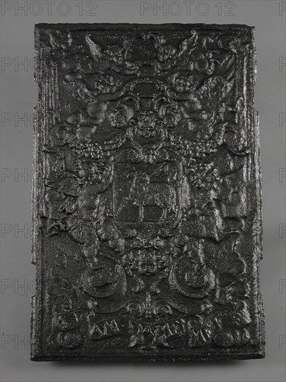 Adam Damen, Fireback coat of arms with Lamb of God, text ADAM DAMEN ME FECIT, hob plate cast iron, cast Rectangular hob